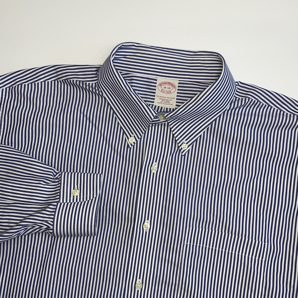 Brooks Brothers Dress Shirt Mens 18 34 Blue/Purple White Striped Traditional Fit
